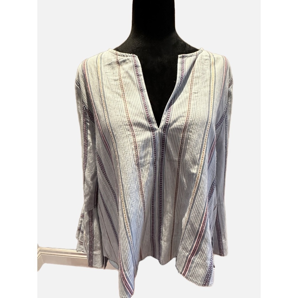 BCBG  Striped Blue Blouse in Medium with unique sleeves.